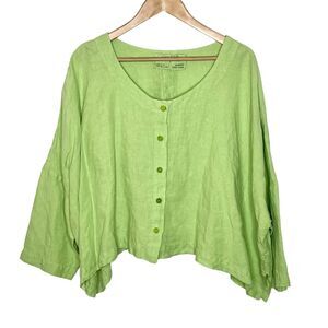 Grizas 100% Washed Linen Button Up Top Green Women’s L Lagenlook Scandi chic